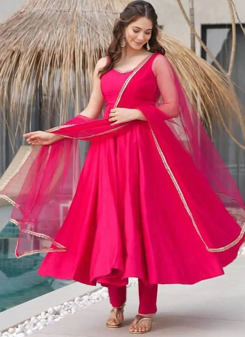 Pink color pure roman silk mirror lace party wear gown stitched