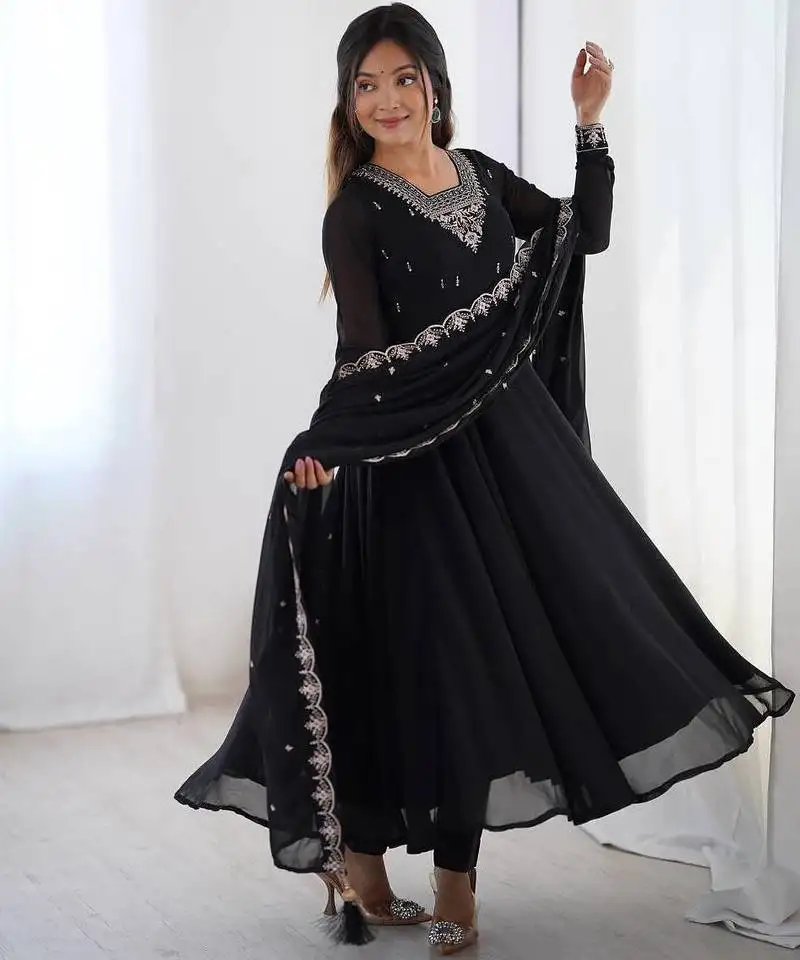 Black color pure soft georgette embroidery work gown stitched
