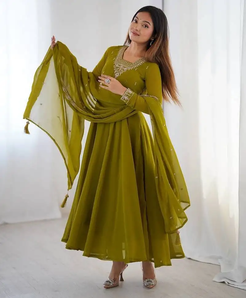 Mahendi green color pure soft georgette embroidery work gown stitched