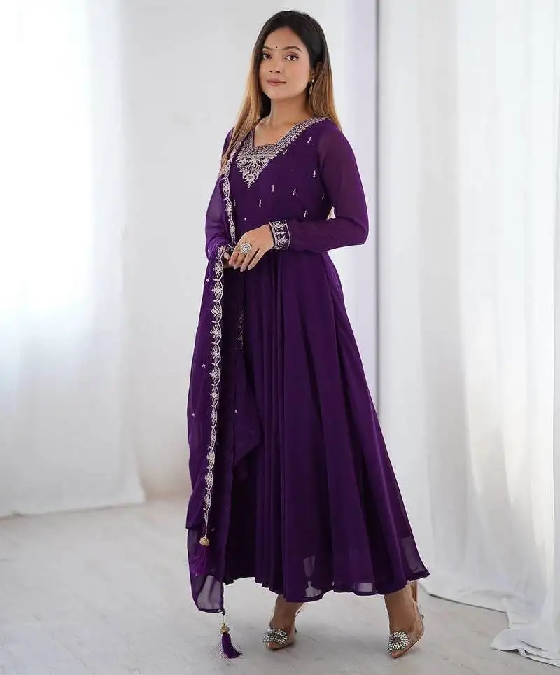 Purple color pure soft georgette embroidery work gown stitched