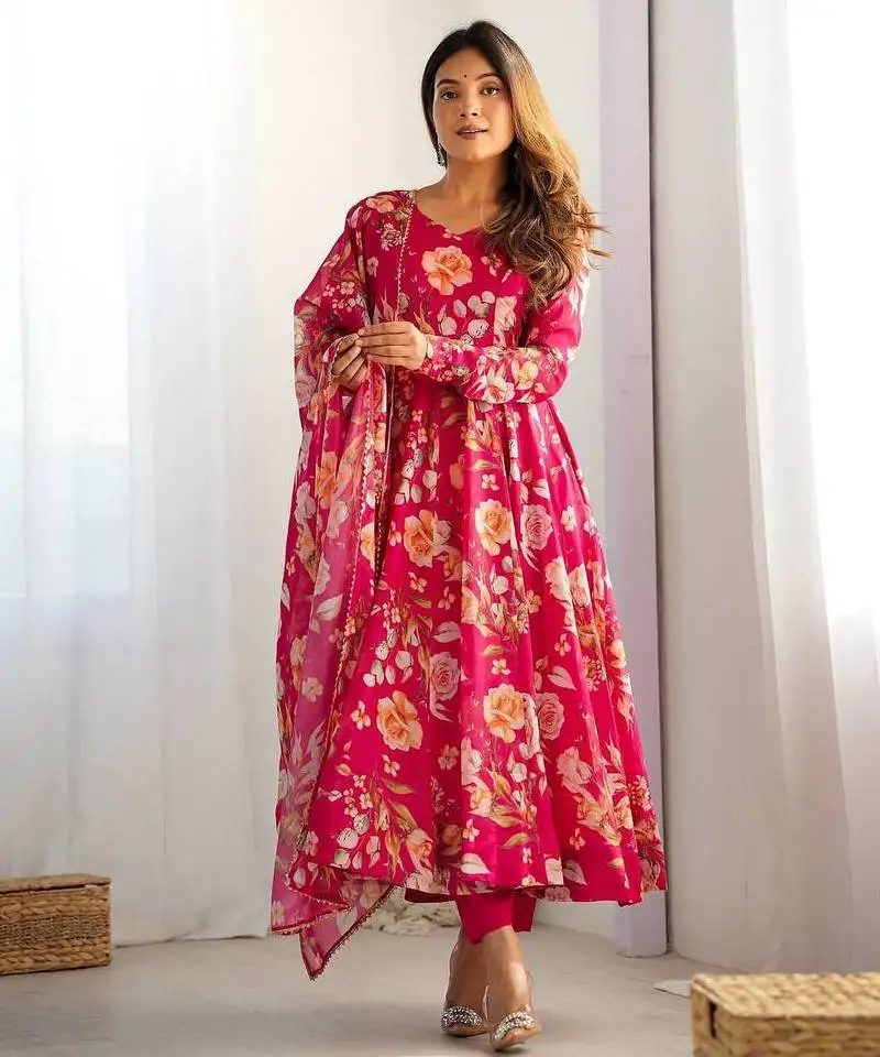 Multi color pure soft organza silk digital print party wear gown stitched