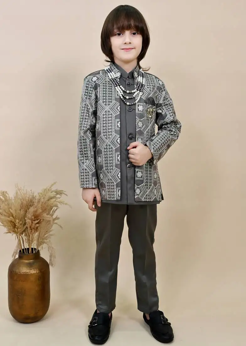 Boys charcoal grey satin geometric sequined embroidered sherwani set