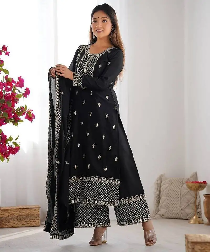 Black color pure chinnon silk embroidery work functional wear salwar suit stitched