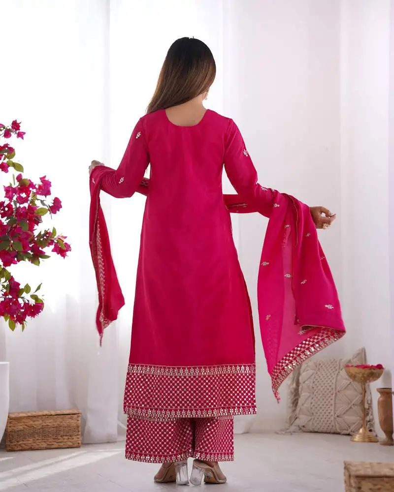 Pink color pure chinnon silk embroidery work functional wear salwar suit stitched