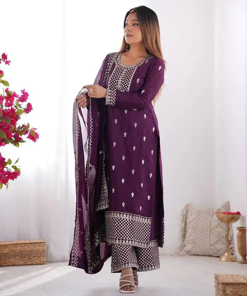Wine color pure chinnon silk embroidery work functional wear salwar suit stitched