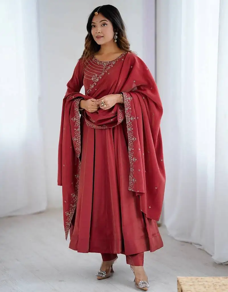 Brown color pure roman silk party wear designer gown stitched