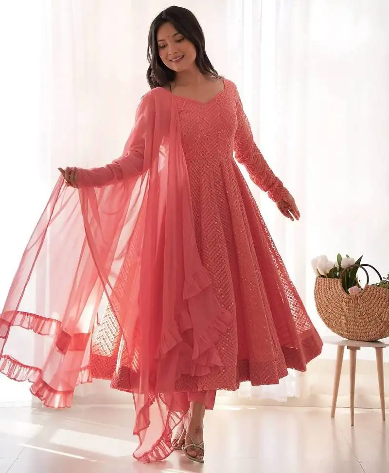 Peach color heavy embroidery work georgette fabric wedding wear gown stitched