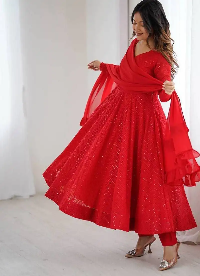 Red color heavy embroidery work georgette fabric wedding wear gown stitched