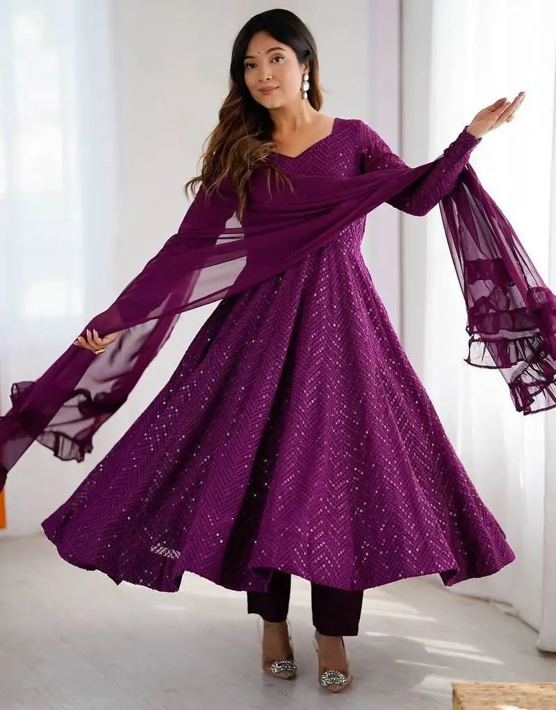 Wine color heavy embroidery work georgette fabric wedding wear gown stitched