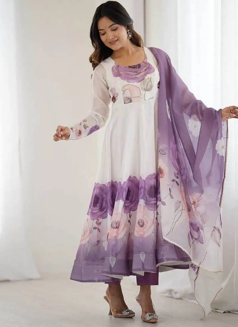 Violet color soft organza silk digital print party wear gown stitched