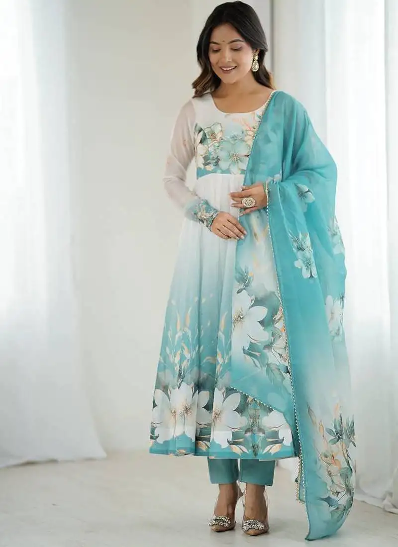 Aquablue color soft organza silk digital print party wear gown stitched