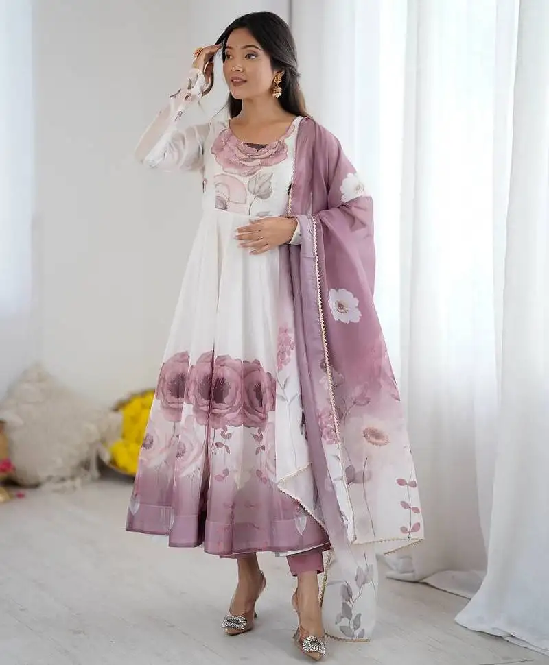 Onion color soft organza silk digital print party wear gown stitched