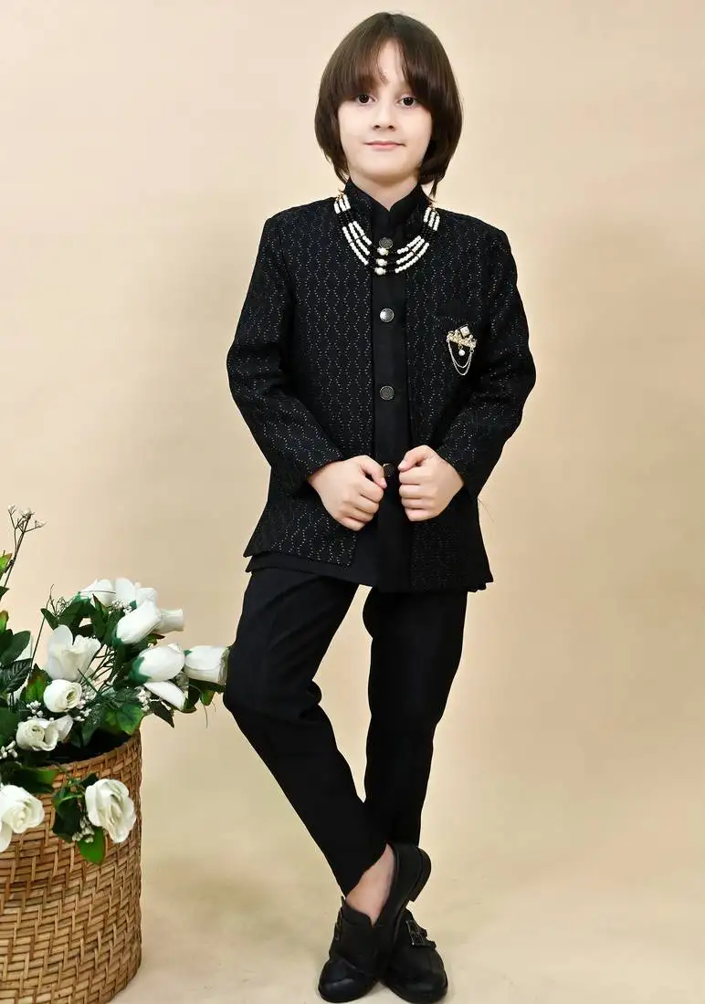 Boys black silk blend zigzag jacquard embroidered sherwani set