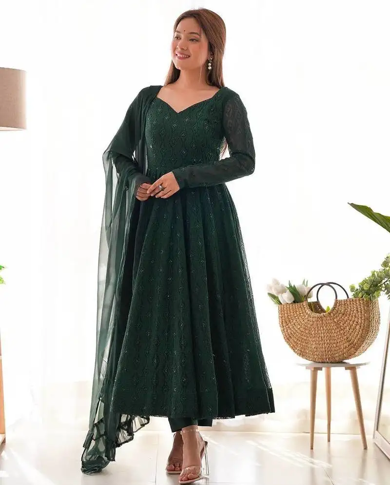 Green color faux georgette embroidery work wedding wear gonw stitched