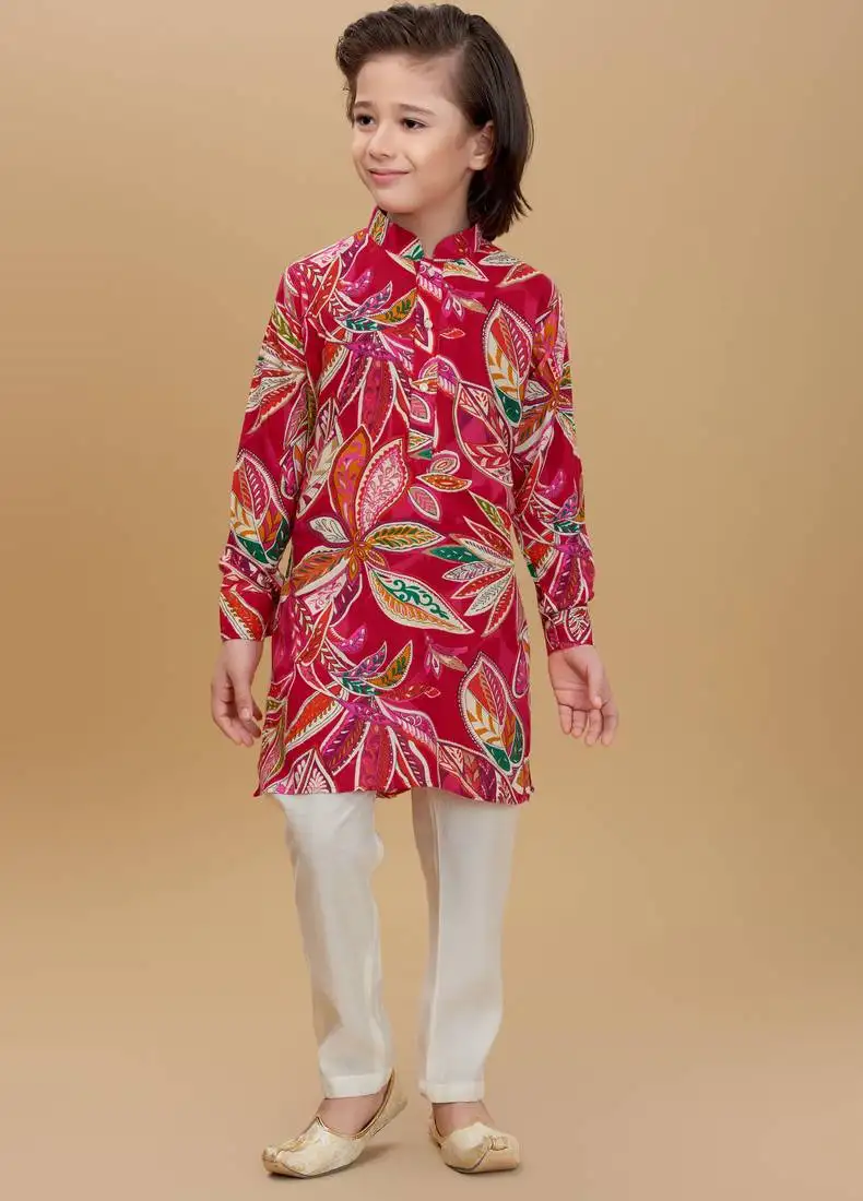 Red rayon woven printed kurta and pant set