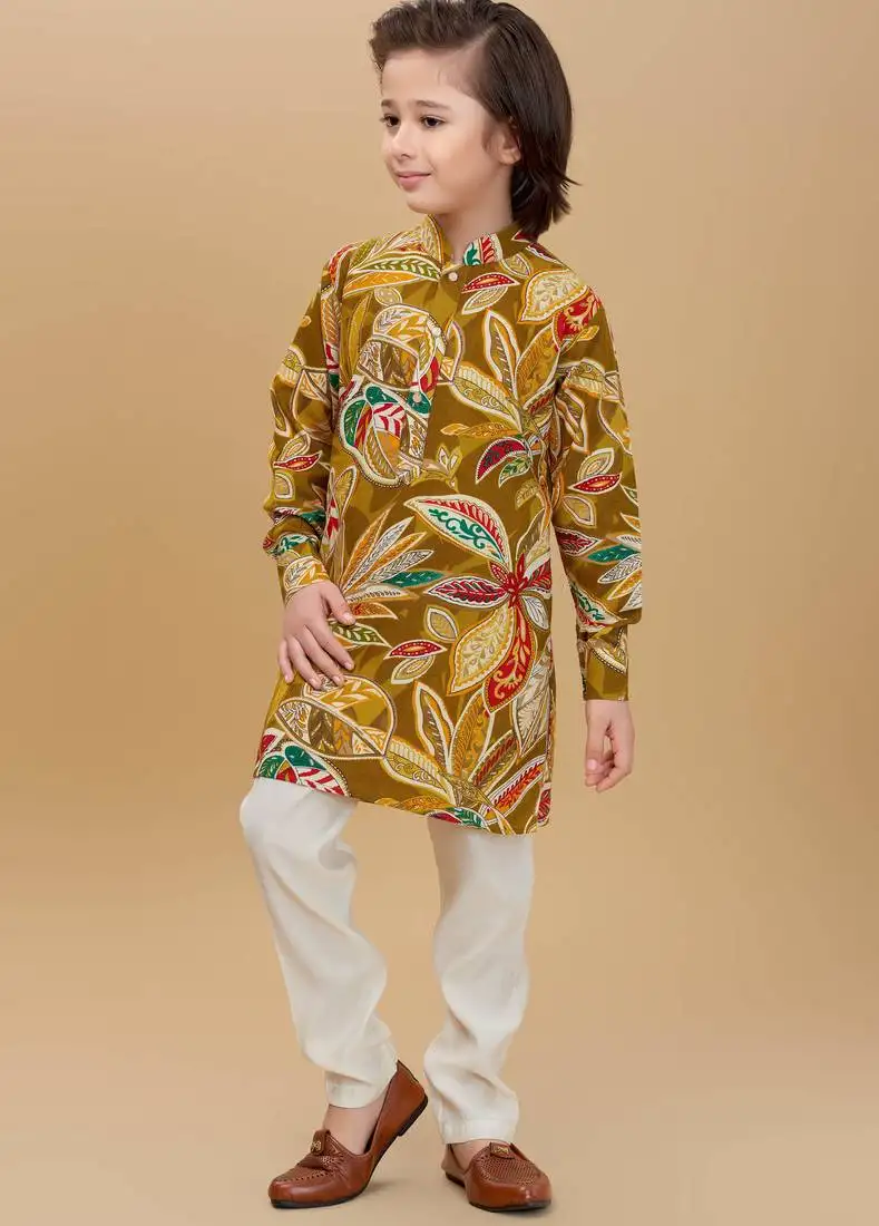 Yellow rayon woven printed kurta and pant set