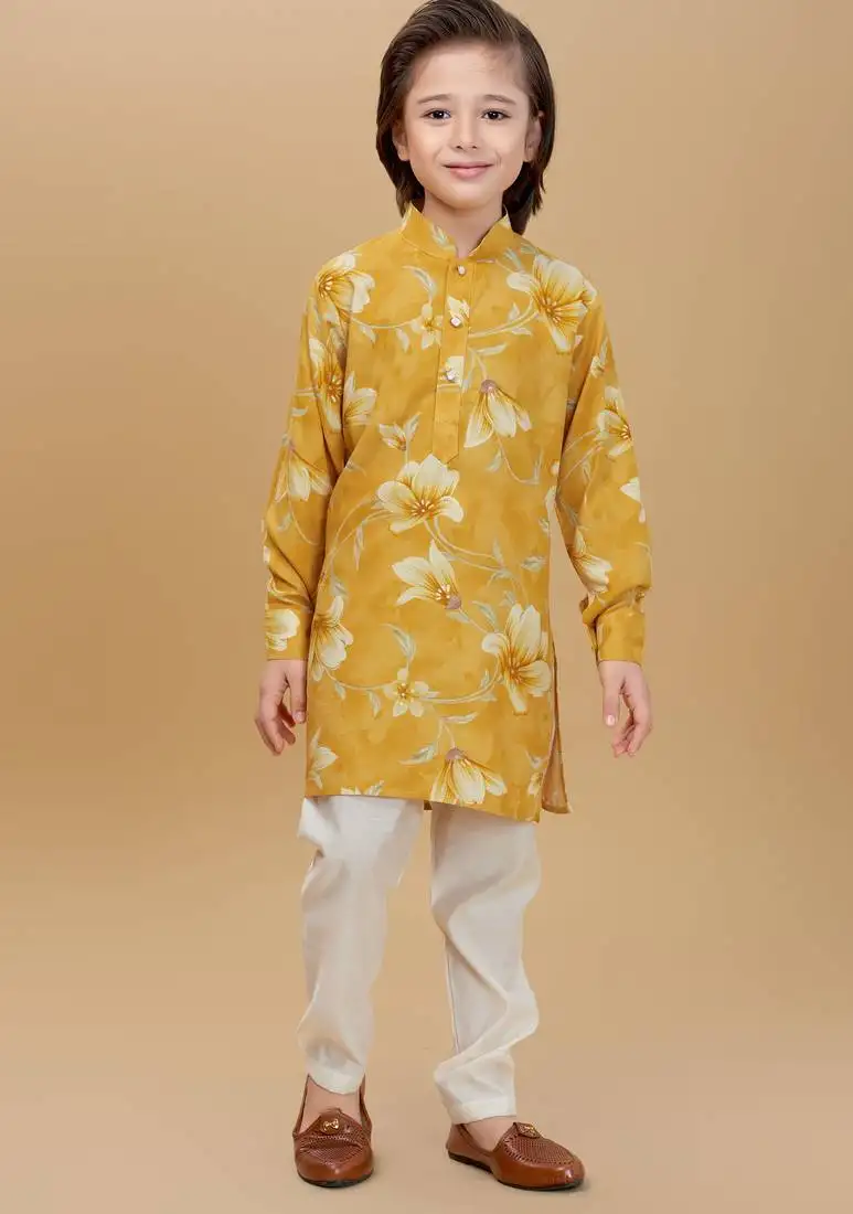 Yellow rayon woven floral printed kurta and pant set