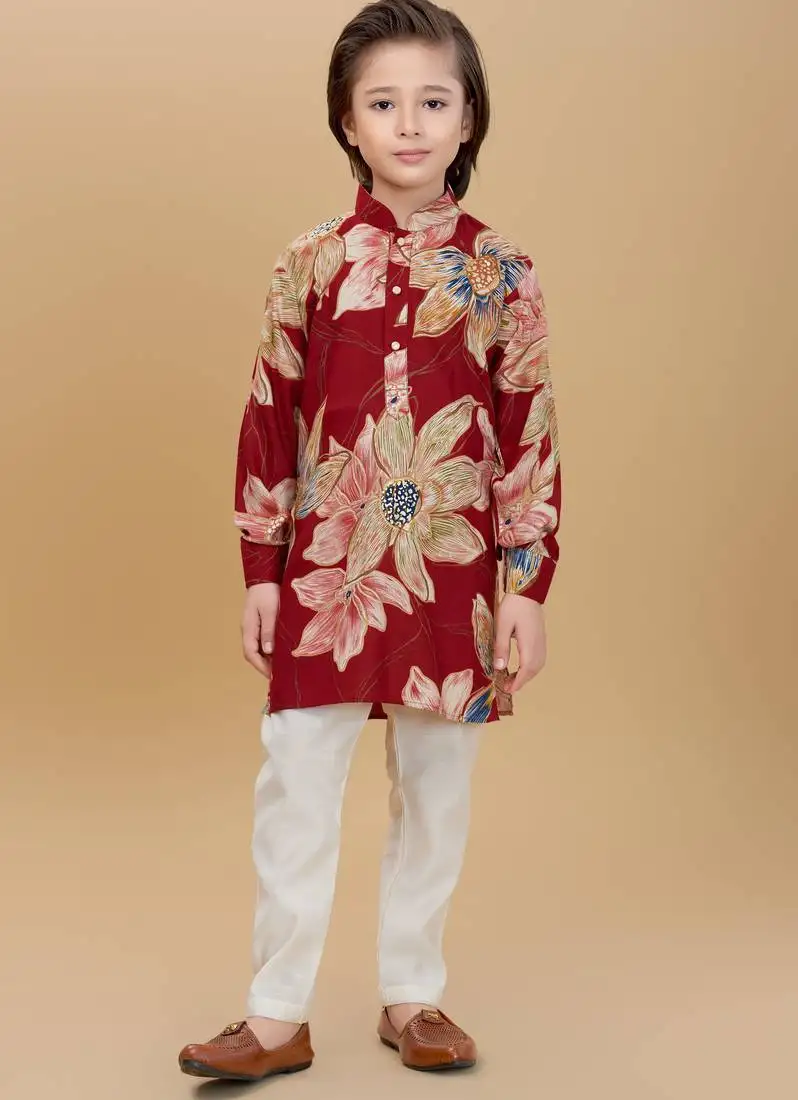 Maroon rayon woven floral printed kurta and pant set