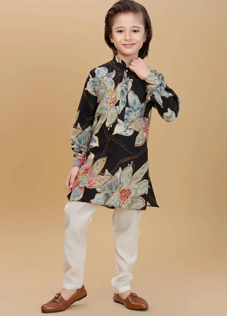 Black rayon woven floral printed kurta and pant set