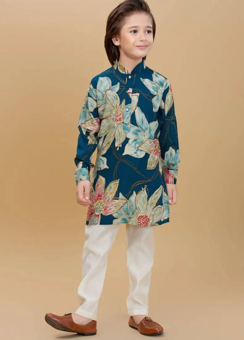 Teal rayon woven floral printed kurta and pant set
