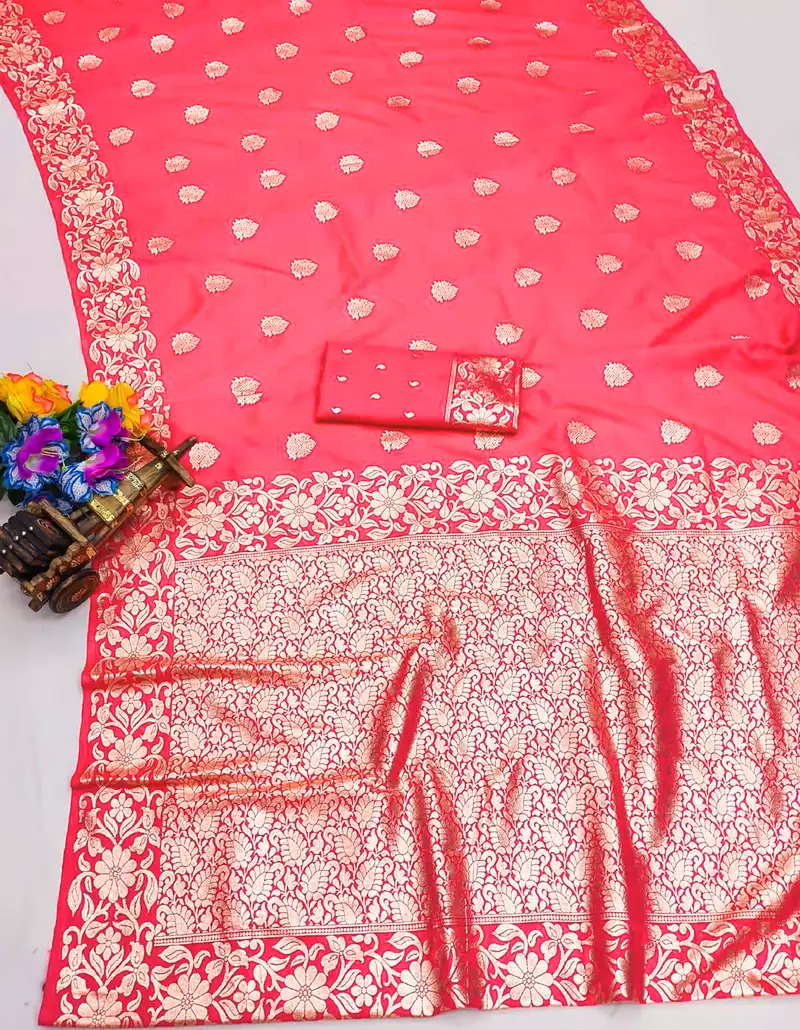 Peach art silk zari woven saree with blouse