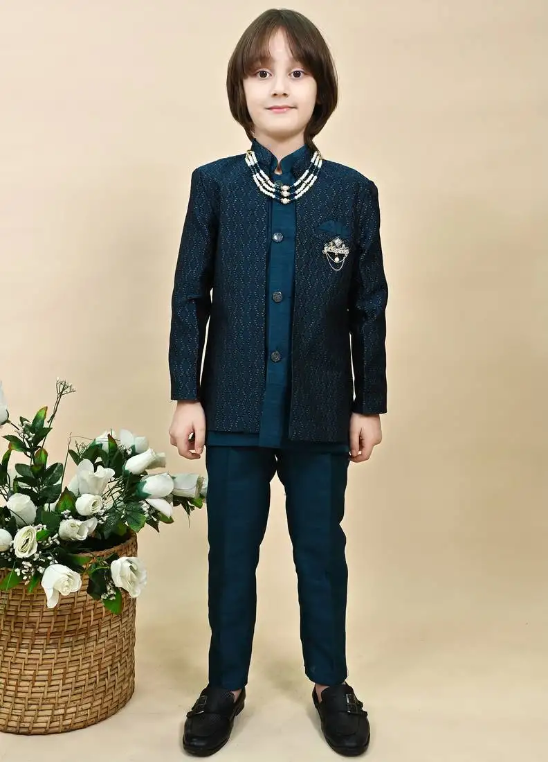 Boys royal blue silk blend zigzag jacquard embroidered sherwani set