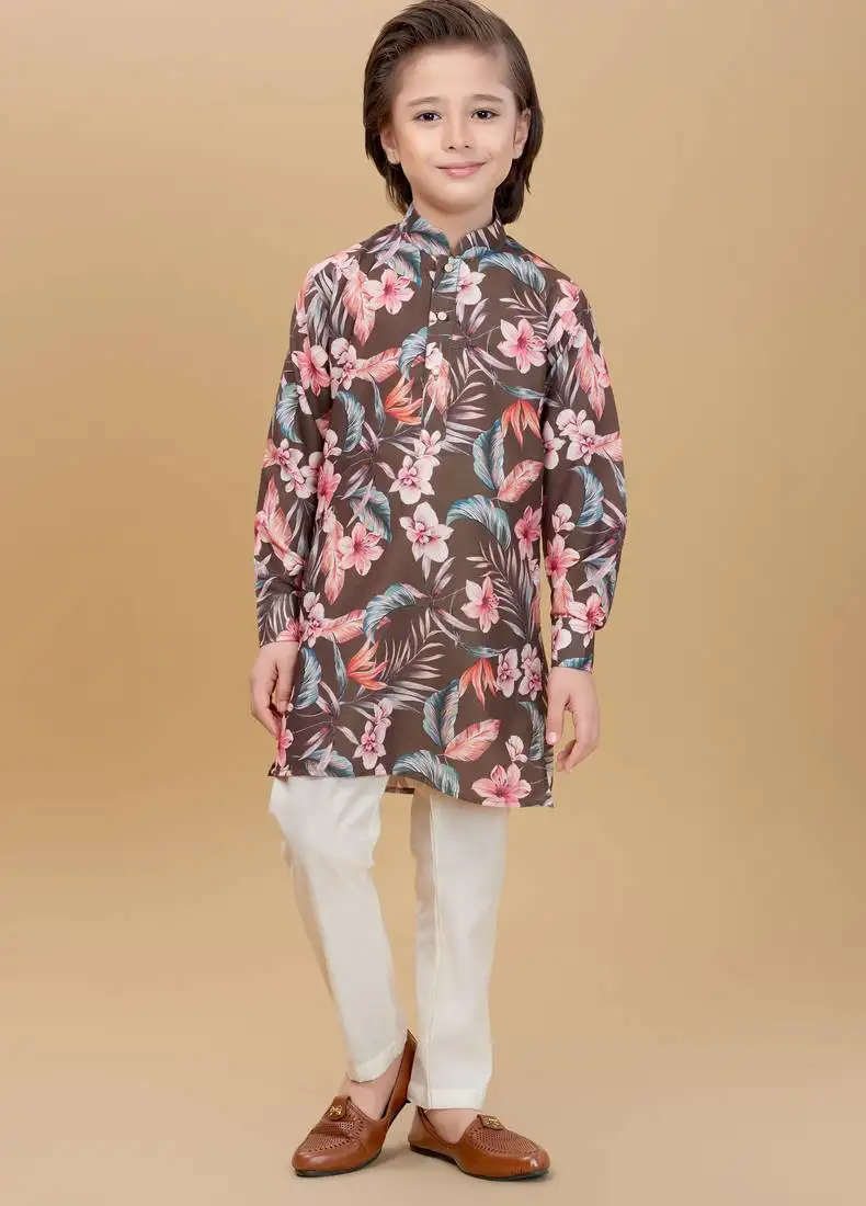 Olive green cotton blend woven floral printed kurta and pant set