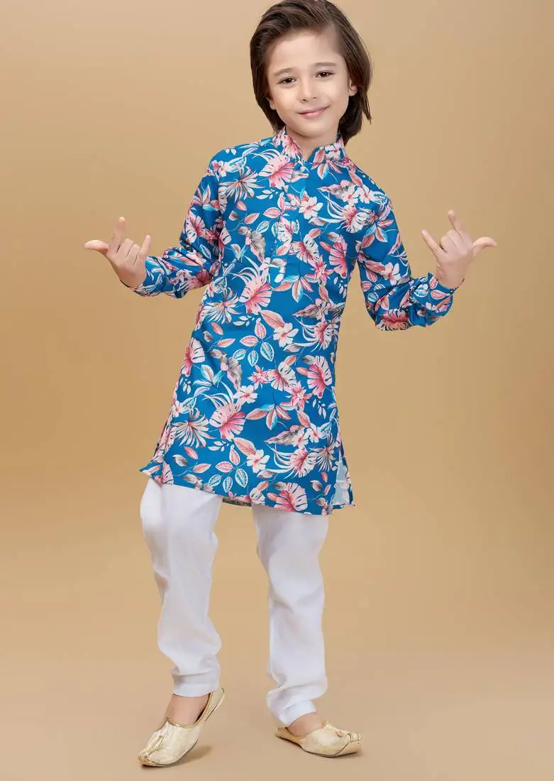 Teal cotton blend woven floral printed kurta and pant set