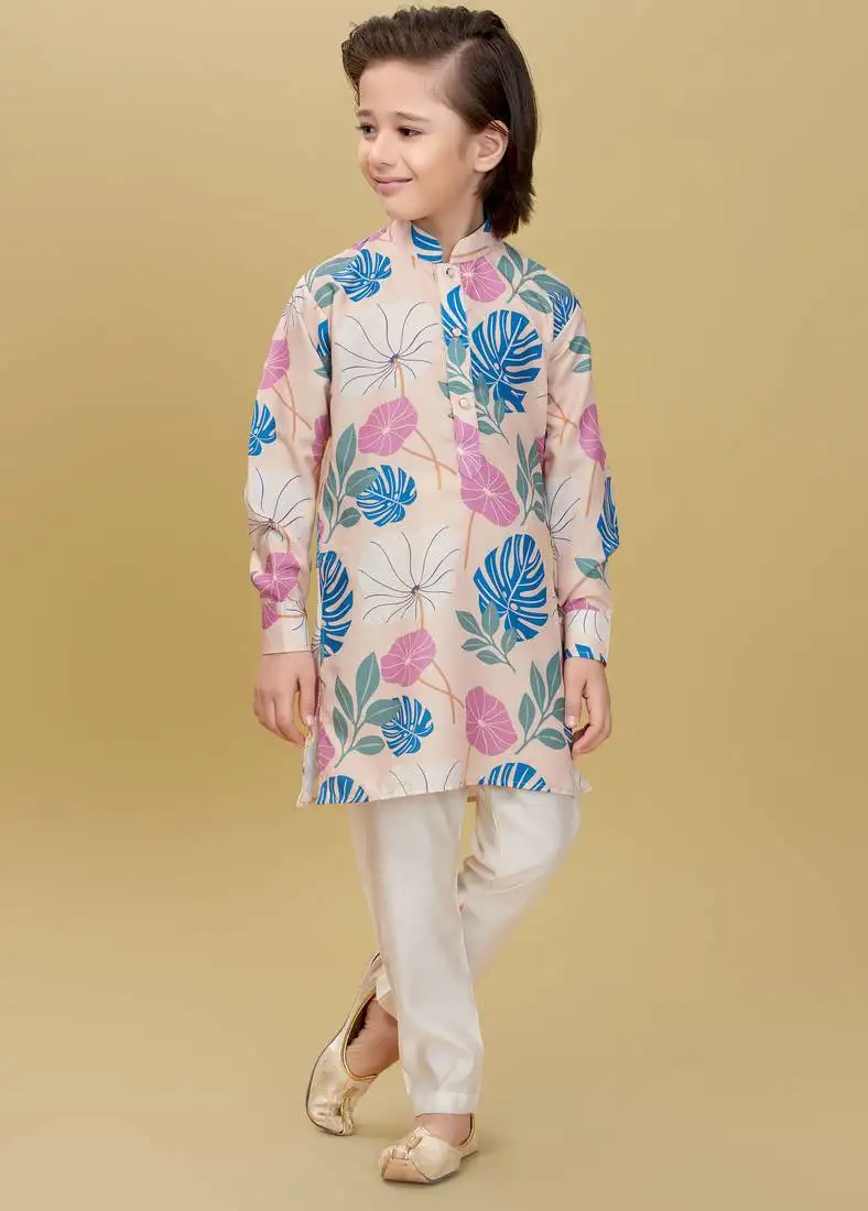 Beige cotton blend woven floral printed kurta and pant set