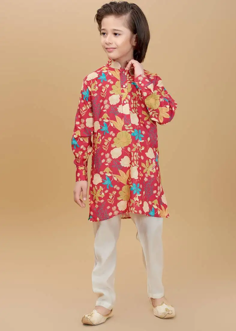Red cotton blend woven floral printed kurta and pant set