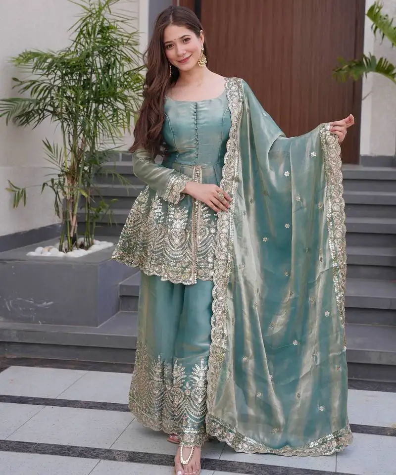 Teal color fendy satin silk embroidery work party wear salwar suit stitched