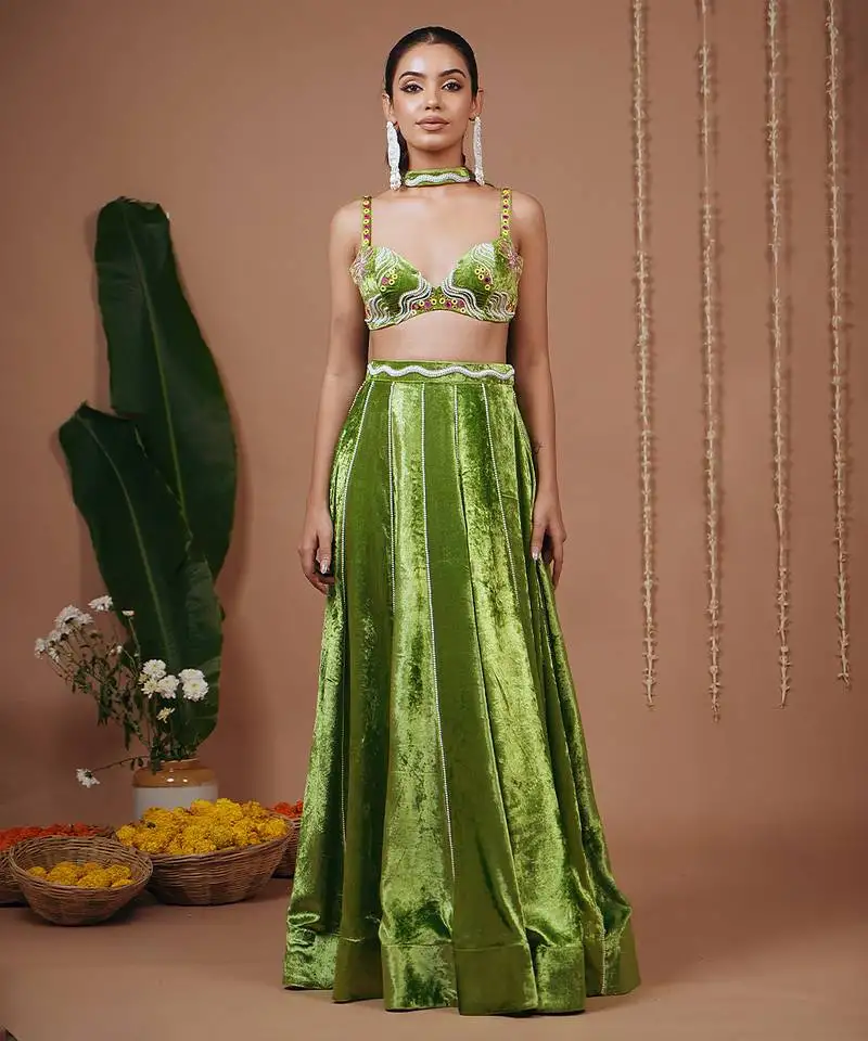 Green plain velvet lehenga