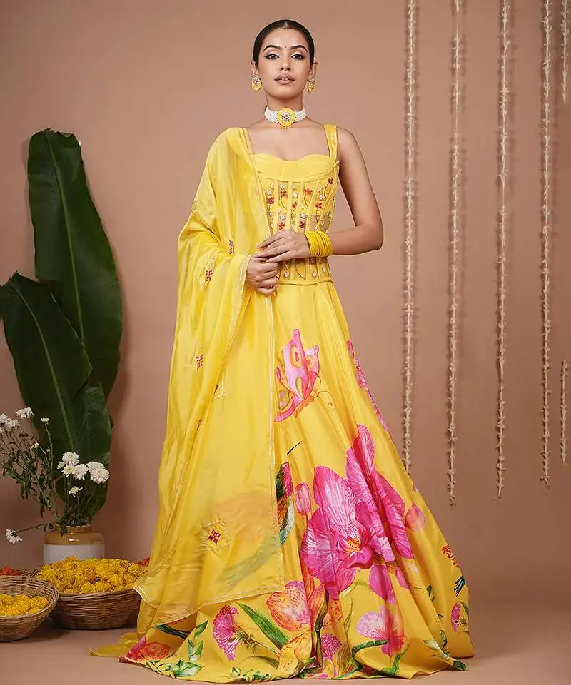 Mustard floral printed crepe lehenga