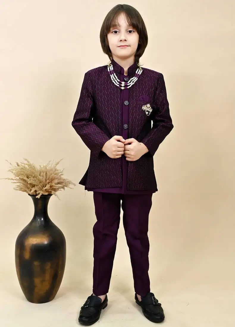 Boys wine silk blend zigzag jacquard embroidered sherwani set
