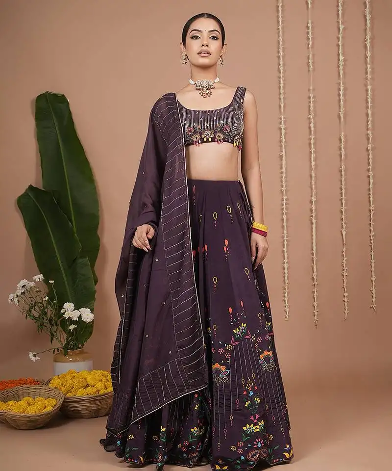 Dark purple floral printed crepe lehenga