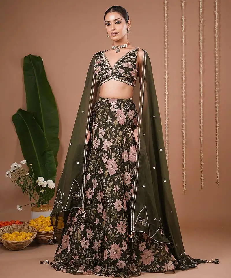 Olive floral printed organza lehenga