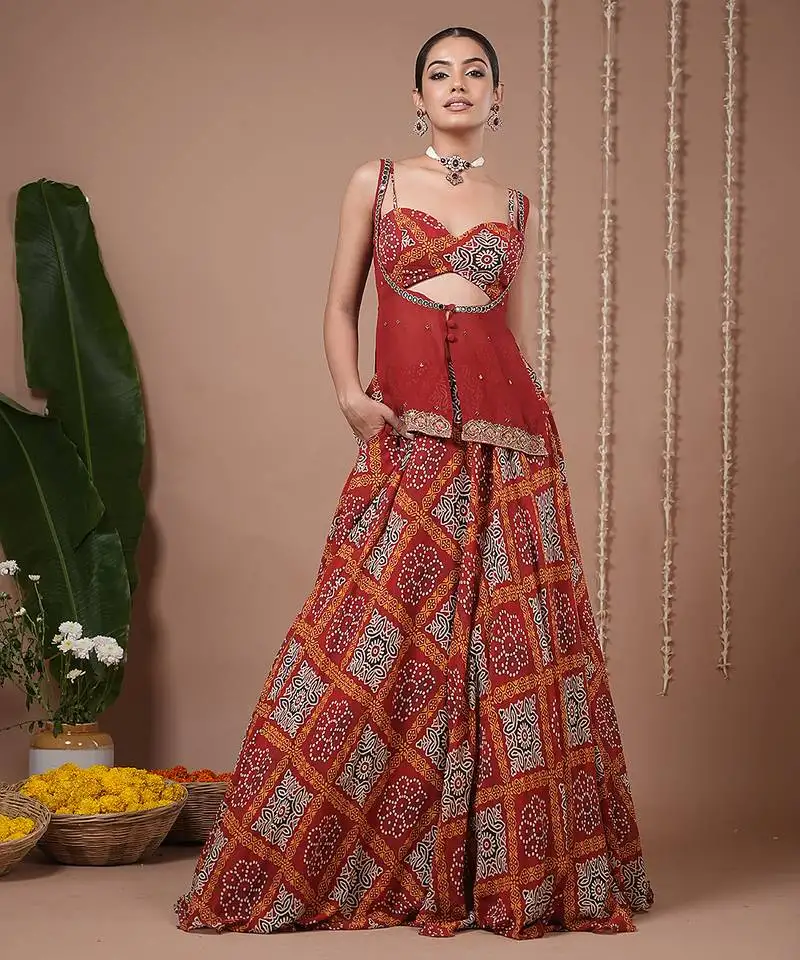Red floral printed georgette lehenga