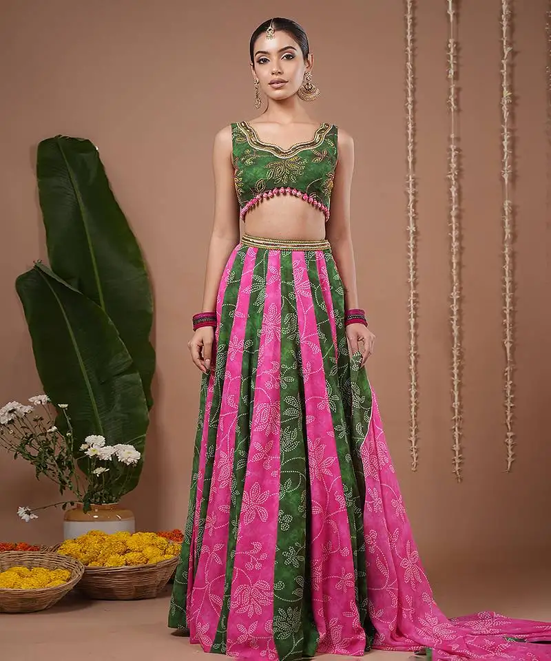 Green floral printed georgette lehenga