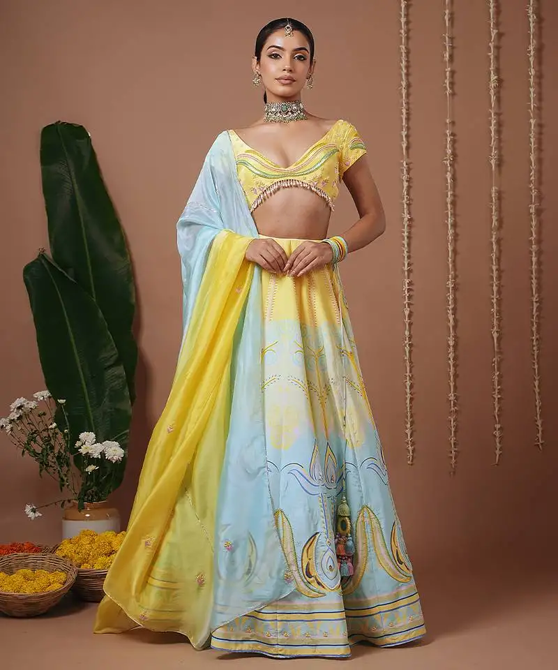 Yellow floral printed crepe lehenga