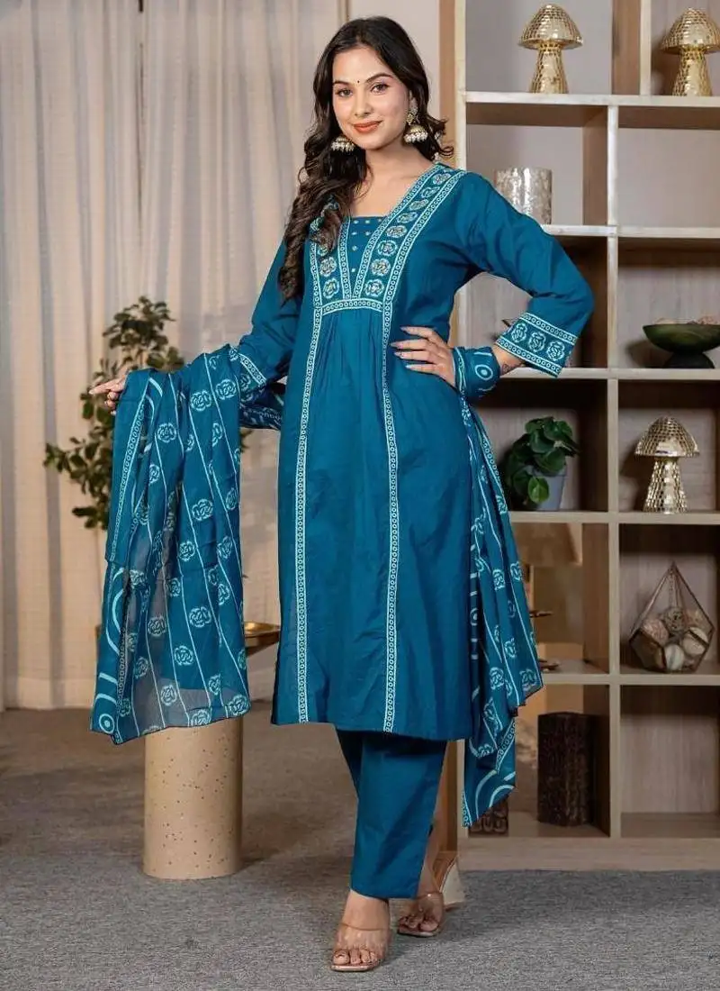women embroidered blue kurta set with printed dupatta