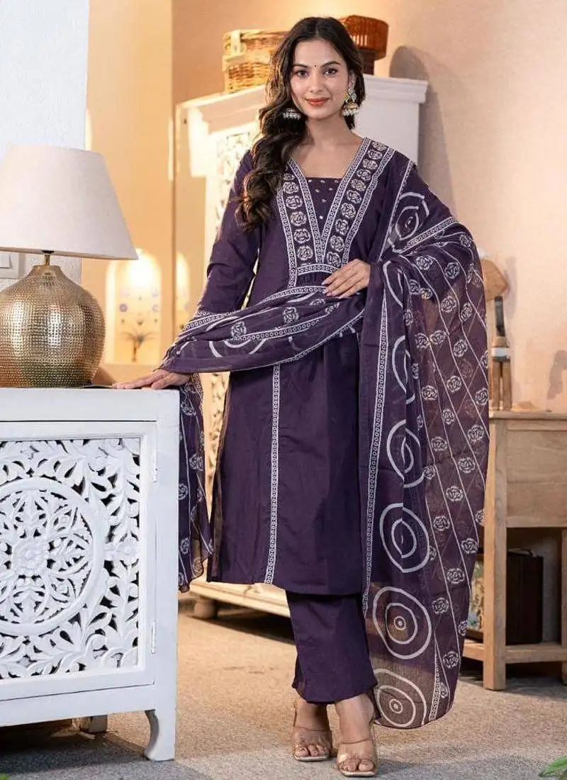 women embroidered purple kurta set with printed dupatta