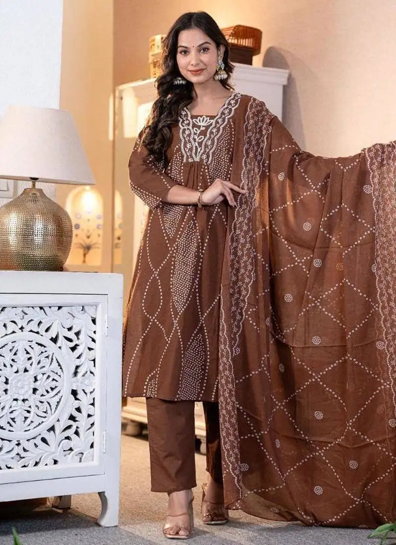 women embroidered brown kurta set with printed dupatta