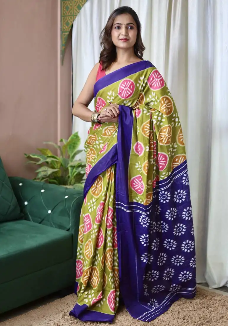Mehendi pure mulmul cotton printed fancy saree with blouse