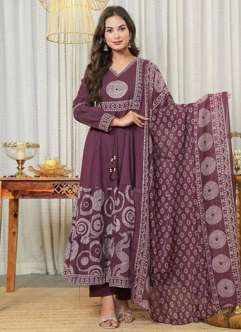 women embroidered purple anarkali kurta set with printed dupatta