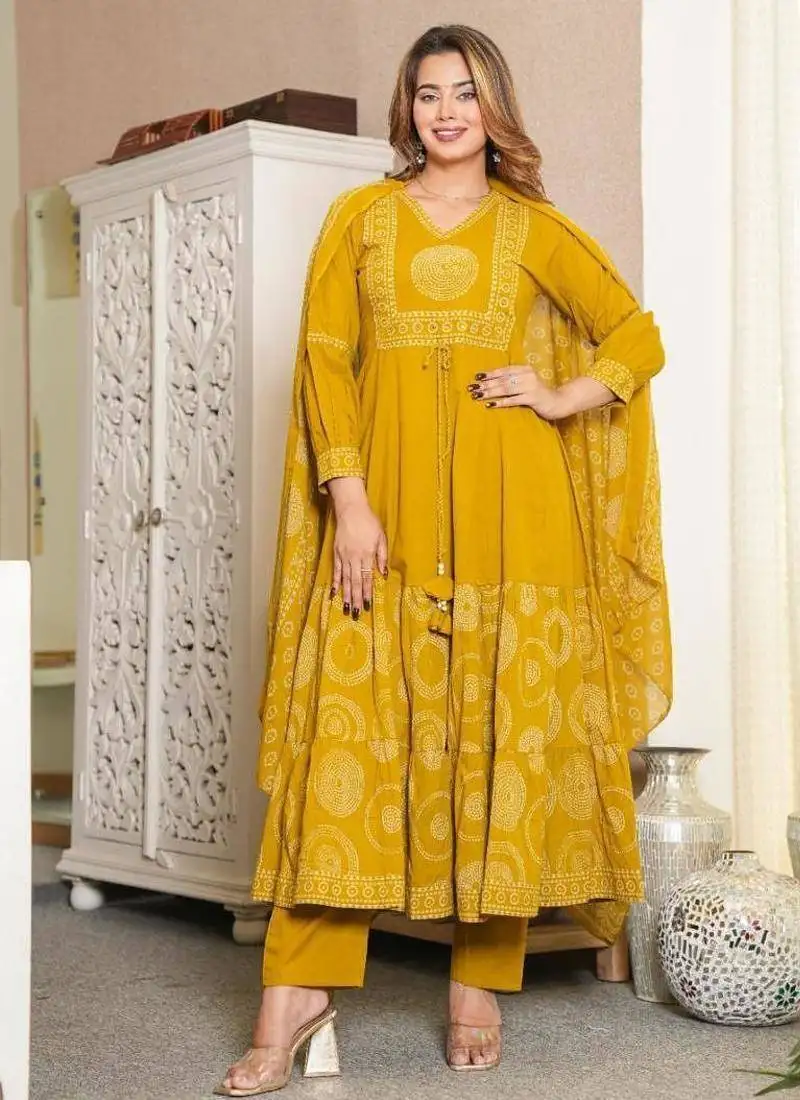 women embroidered yellow anarkali kurta set with printed dupatta