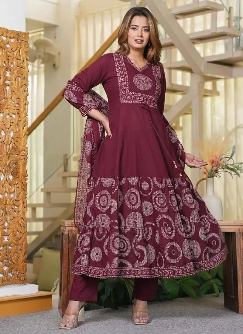 women embroidered maroon anarkali kurta set with printed dupatta
