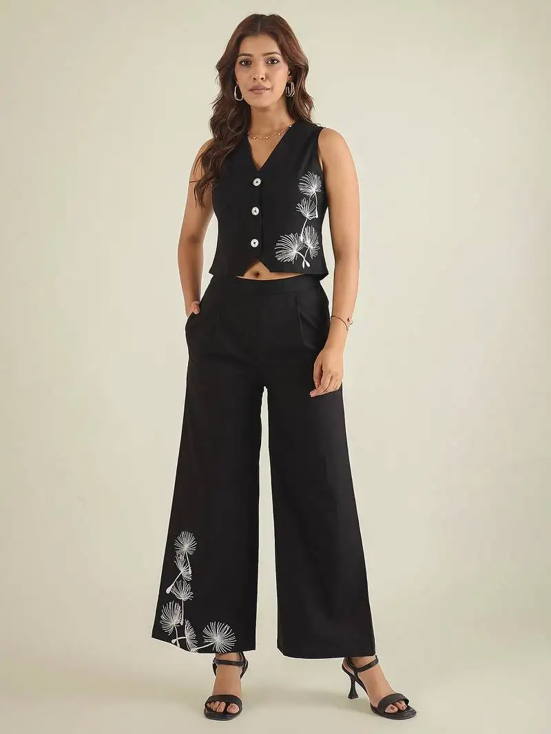 Women black cotton embroidered waistcoat with pant co-ord set