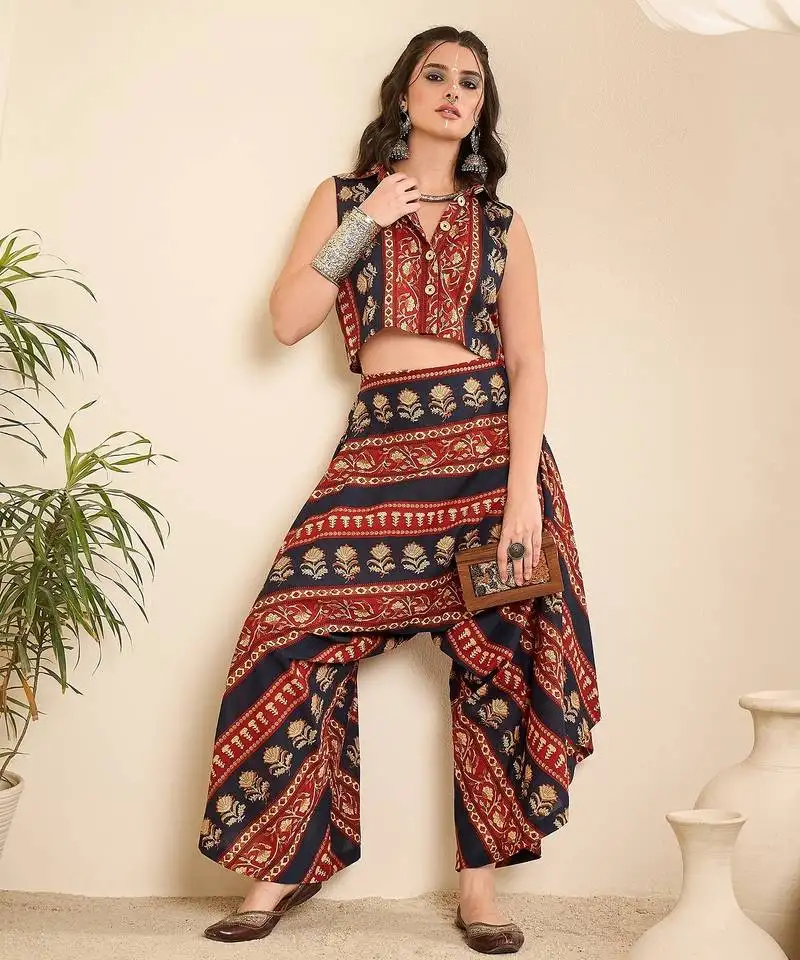 Women bordered crop shirt and harem pant co-ord set