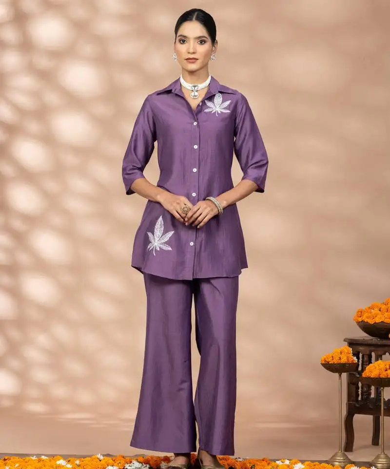 Women solid purple leaf embroidery co-ord set