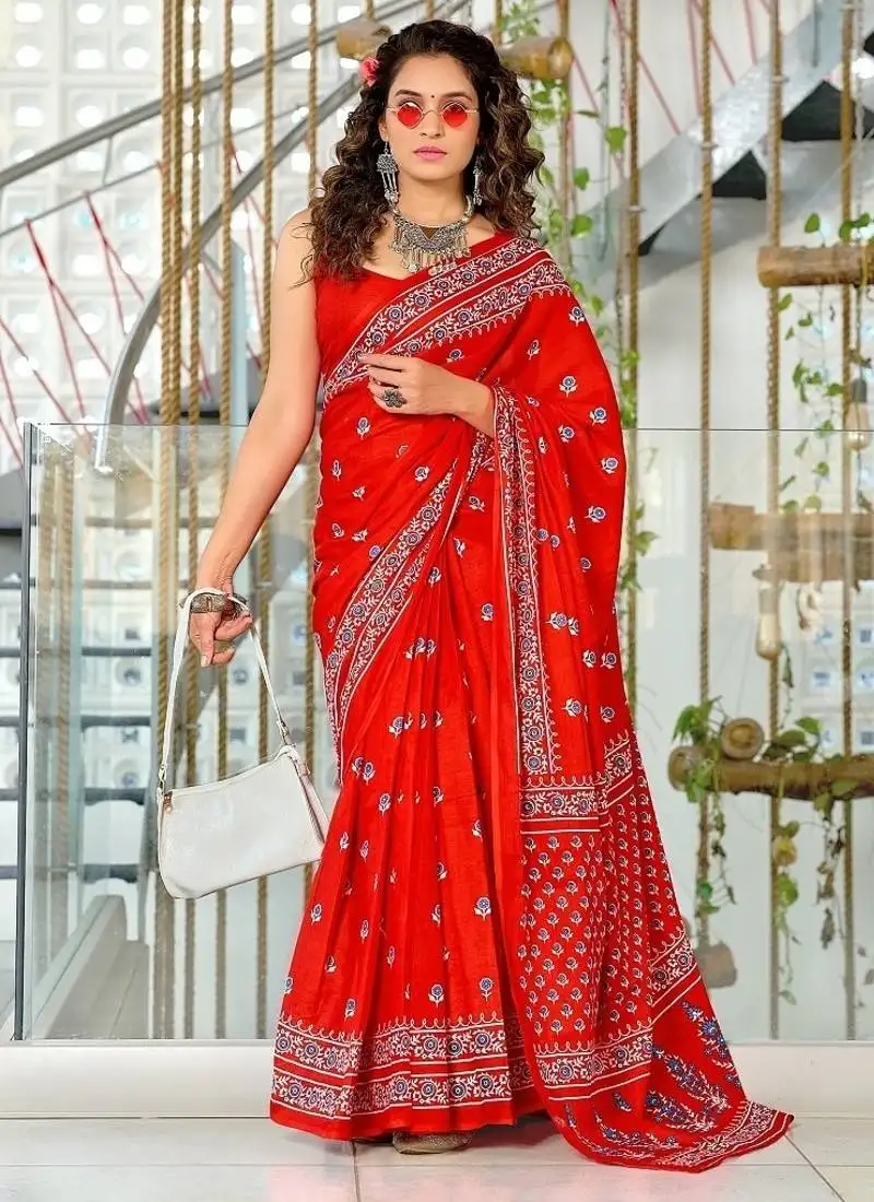 Red soft pure cotton printed fancy saree with blouse